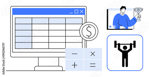 Computer screen with spreadsheet, currency symbol, calculator signs, winner holding trophy, and weightlifting icon. Ideal for finance, success, sports, data analysis motivation health goals