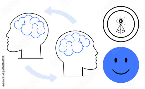 Brain communication. Illustration cognitive exchange through brain symbols, emotional understanding with a happy face, and a focus on intelligence. For psychology, mental health, communication