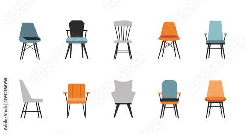 Ten distinct modern chairs, showcasing various designs and colors, are neatly arranged in two rows on a clean white background.