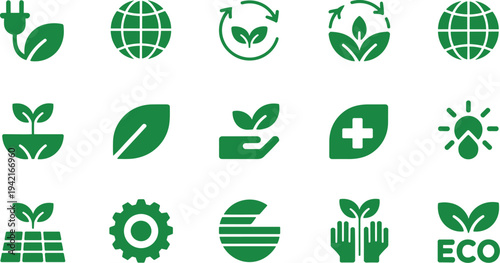 Green Eco Friendly Icon Set with Sustainability Recycling Renewable Energy and Nature Symbols Flat Vector