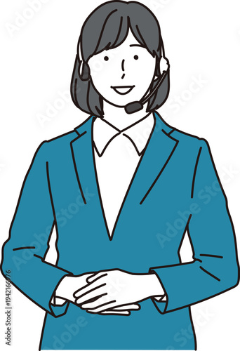 インカムをつけた女性オペレーターの正面の立ち姿イラスト