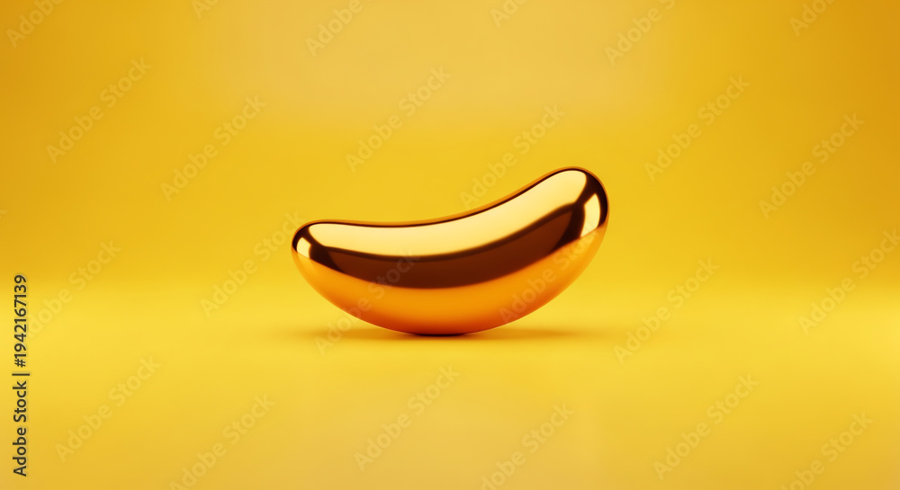 Fototapeta premium Gold Minimalist Abstract Shiny Bean Shape Illustration on a Vibrant Yellow Background Showcasing Luxury and Elegance
