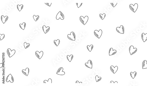 Seamless Hand Drawn Heart Pattern – Romantic Black Outline Hearts Background Vector