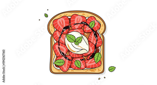 A single slice of golden-brown toast is artfully arranged with fresh strawberry slices, a dollop of cream, and a chocolate drizzle, garnished with mint leaves, against a stark white backdrop.