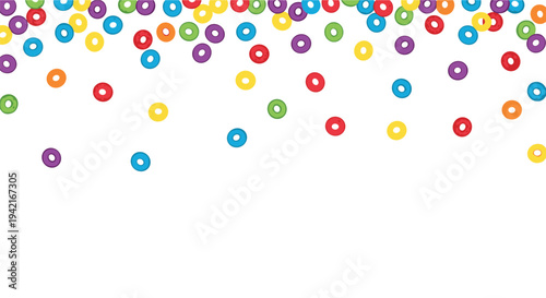 Numerous small, brightly colored cereal rings in a rainbow of hues are depicted falling across the upper portion of a pure white background.
