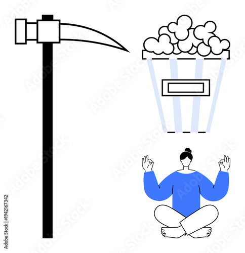 Meditation, relaxation, mindfulness, agriculture, entertainment, modern lifestyle. A scythe, popcorn bucket and person meditating cross-legged. Mindfulness and agriculture concepts