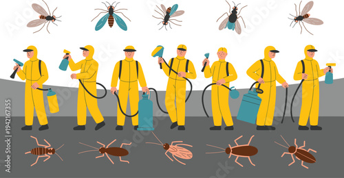 Pest Control Service Concept with Professional Exterminators in Hazmat Suits Spraying Insects