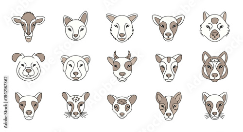 Fifteen distinct cartoon animal head icons, depicting various mammals including deer, foxes, wolves, and goats, are neatly arranged in a grid pattern against a plain white background.