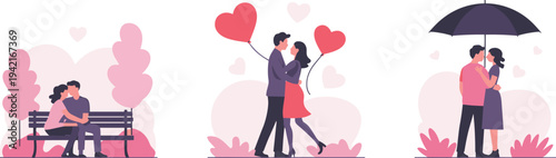 Romantic Couple Relationship Set with Scenes of Dating on Bench Hugging with Balloons and Under Umbrella