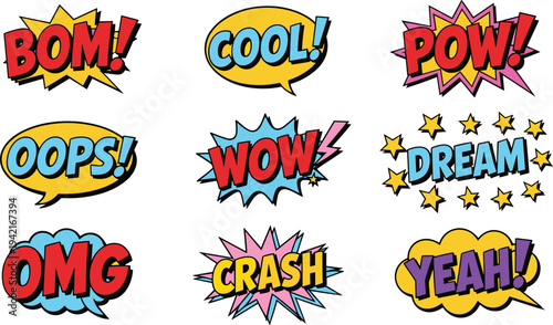 Set of Comic Speech Bubbles and Sound Effects with Retro Pop Art Text WOW OMG and POW Vector