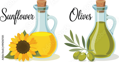 Sunflower and Olive Oil Glass Bottles with Flowers and Olives Vector Illustration