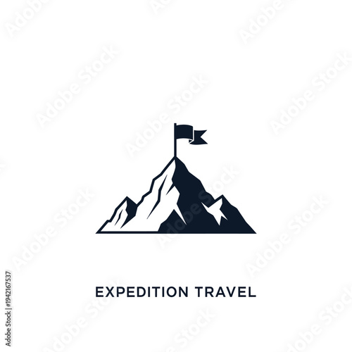 Mountain peak with flag, symbolizing expedition travel and achievement.