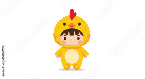 A cute cartoon child, dressed in a fluffy yellow chicken costume with a prominent red comb and wattle, stands front-facing and still with a neutral expression against a plain white background.