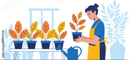Woman Gardener Caring for Potted Houseplants in a Greenhouse or Flower Shop Flat Vector Illustration