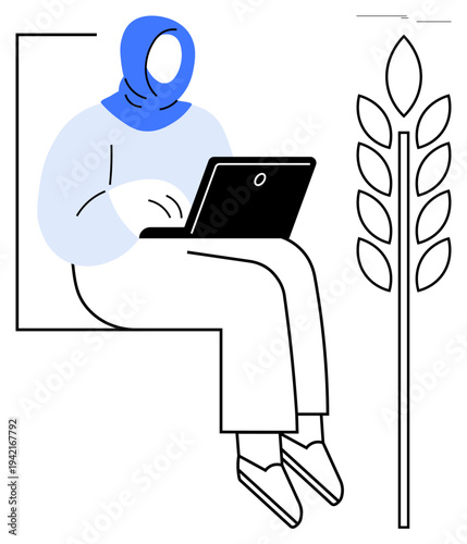 Person wearing hijab sits typing on a laptop, wheat plant outline beside her. Ideal for themes thumbs up education, technology, remote work, agriculture, diversity, growth and innovation. Simple