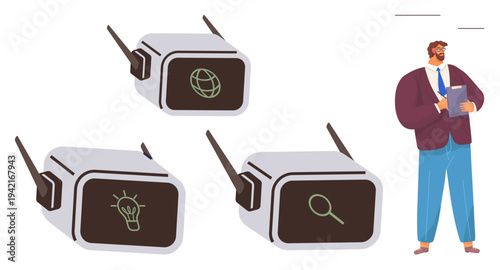 Artificial intelligence, wireless communication, innovation, business planning, technology analysis, futuristic devices. Three tech devices with icons and a man holding documents. AI and wireless