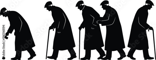 Elderly man silhouette sequence bending to pick apple, walking with cane, and receiving support, illustrating aging, care, and assistance