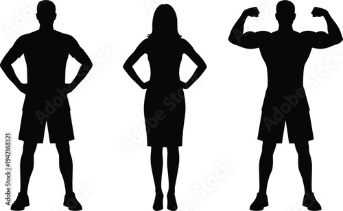 Male and female fitness silhouette with bodybuilder flexing muscles, athletic strength and confidence poses isolated on light background illustration