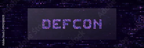 Digital pixelated display showing defense readiness condition for cybersecurity threat level alert