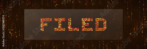 Digital tax return filed confirmation on glowing orange pixelated display screen