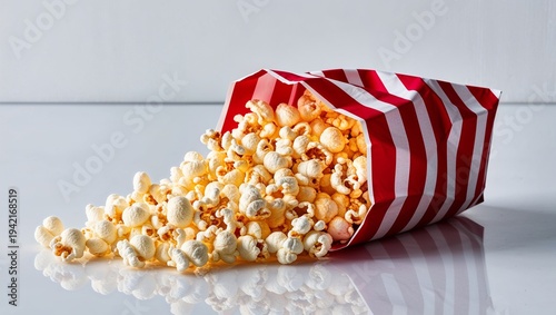 Classic striped bag of popcorn spills creating a playful scene.