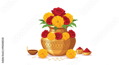 An embellished golden pot, featuring a mixed floral arrangement and surrounding blossoms, is accompanied by a glowing lamp and kumkum bowls on a white plane.