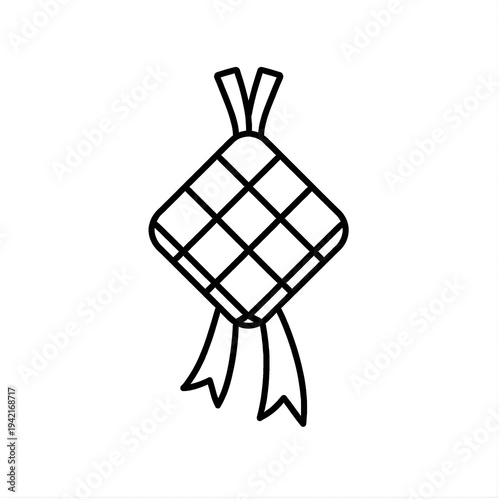 Ketupat Line Icon Isolated on White Background, Indonesian Traditional Rice Dumpling Symbol, Ramadan and Eid Mubarak Food Illustration, Simple Black Outline Cultural Food Icon