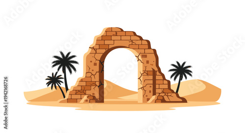 A singular, weathered brick archway, displaying extensive cracks, stands as a desert ruin with two palm trees and gentle sand dunes in the background on a white canvas.