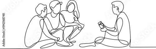 Continuous Line Drawing of a Family and a Person Using a Smartphone on a White Background people group