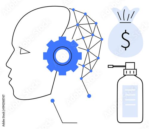 Artificial intelligence, innovation, financial technology, healthcare, automation, digital economy. Head profile with gear and network, dollar bag and bottle icons. Artificial intelligence