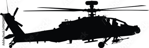 Black Silhouette of Military Attack Helicopter Isolated on White Background
