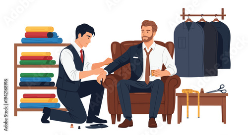 A male tailor kneels to fit a suit jacket sleeve on a seated client holding a drink, surrounded by fabric rolls and hanging suits.