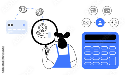 Financial analysis, payment systems, customer service, banking, e-commerce, account management. Woman examining financial flow with magnifier, calculator and digital payment icons. Financial
