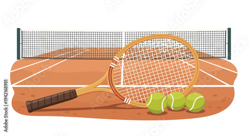 A classic wooden tennis racket rests on a clay court with a white net in the background, accompanied by three tennis balls.