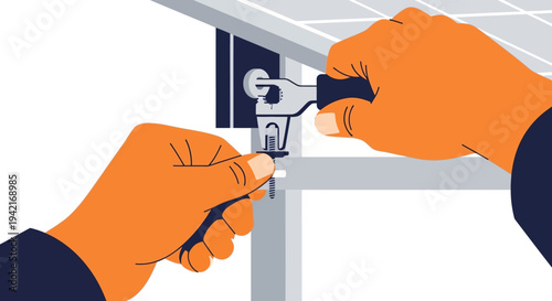 Hands Installing Solar Panel Mount Renewable Energy Technician at Work.