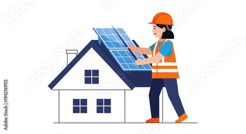 Woman installing solar panels on house roof renewable energy green technology.