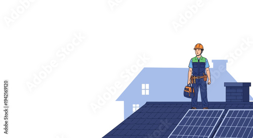 Rooftop Solar Panel Installer with Tools House Background.