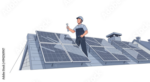 Solar panel technician on roof checking equipment.