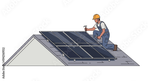 Rooftop Solar Panel Installation by Worker.