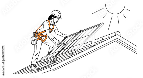 Roofer installing solar panels on roof renewable energy setup.