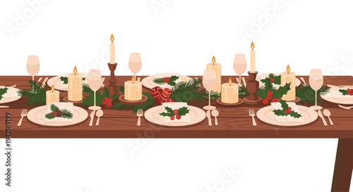 A festive Christmas dinner table is beautifully set with plates, glasses, lit candles, and green holly garlands.