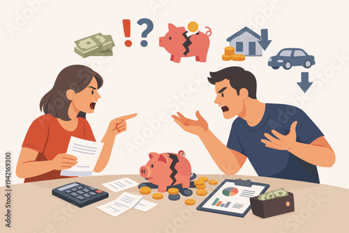 Couple Fighting Over Family Budget and Financial Problems, Man and Woman Arguing About Money, Debt, and Expenses with Broken Piggy Bank, Calculator, and Bills, Flat Vector Illustration Concept