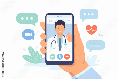 Hand Holding Smartphone for Online Doctor Consultation via Video Call App, Telemedicine Concept with Male Physician on Screen, Medical Chat Bubbles and Heart Rate Icons, Flat Vector Illustration