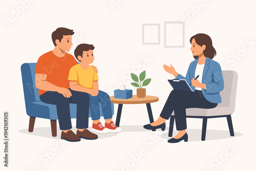 Father and young son sitting on a chair talking to a professional female psychotherapist or counselor in a clinic office. Flat vector illustration of family therapy, child psychology, and support.