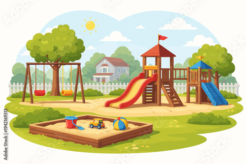 Colorful vector illustration of a children's playground in a suburban neighborhood featuring wooden play structures, slides, swings, and a sandbox with toys under a bright sunny sky with clouds.