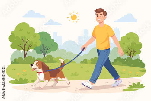 Happy young man walking his beagle dog on a leash in a sunny city park with green trees and urban skyline background, flat vector illustration of outdoor pet care, healthy lifestyle and friendship