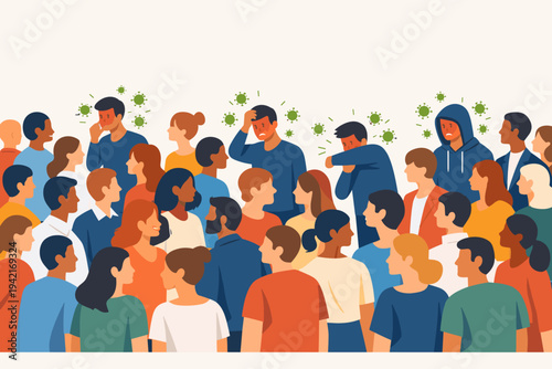 Flat vector illustration of a diverse crowd where several men are infected with a contagious virus, showing symptoms like coughing and fever, surrounded by green pathogen icons in a public area.