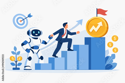 Business Concept Illustration of a Robot Assisting a Businessman to Reach Financial Goals and Success by Climbing a Bar Chart Towards a Gold Coin with Upward Arrow and Achievement Flag.