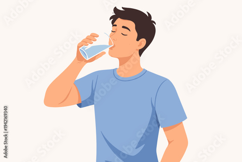 Simple flat vector illustration of a young man drinking a glass of fresh water. Concept for healthy lifestyle, daily hydration, thirst quenching, and wellness isolated on a light background.