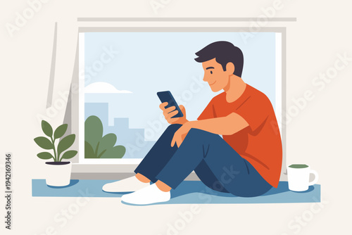 Vector illustration of a young man sitting comfortably on a windowsill at home, smiling while using his smartphone. A potted plant and a mug of coffee are next to him with a city view outside.